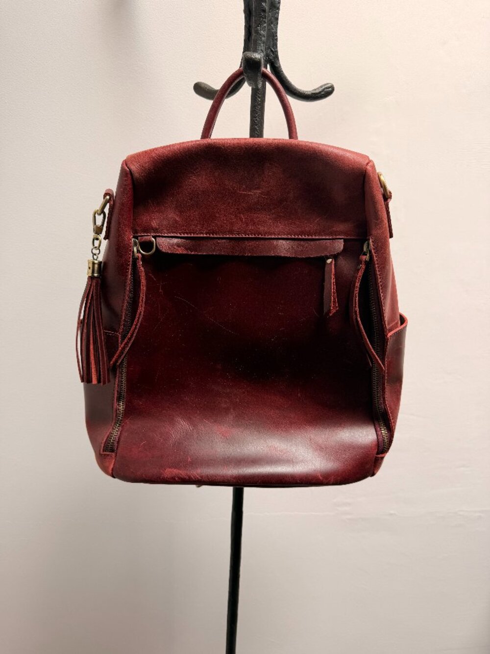 S-ZONE Genuine Leather Convertible Backpack Shoulder Bag Burgundy